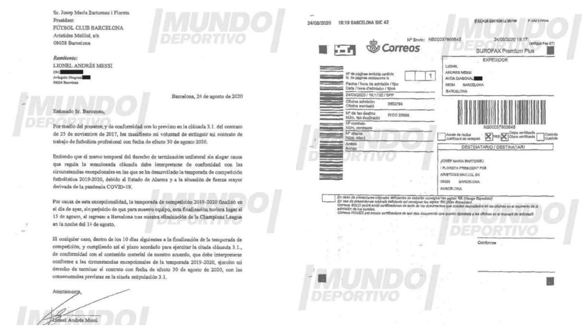 Messi's letter to Bartomeu (©El Mundo Deportivo - Screenshot)